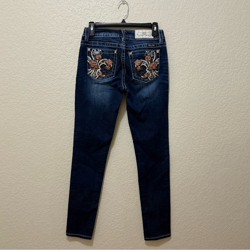 Floral Embroidered Skinny Jeans - Dark Blue